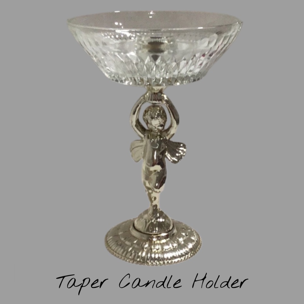 Vintage Silver Metal Cherub Taper Candle Holder w/Glass Compote Style Bowl
